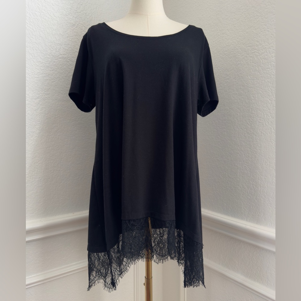 MOSSIMO Black Lace Hem Short Sleeve T-Shirt Tee Swing Tunic Top - Women’s Shirt - Picture 3 of 17